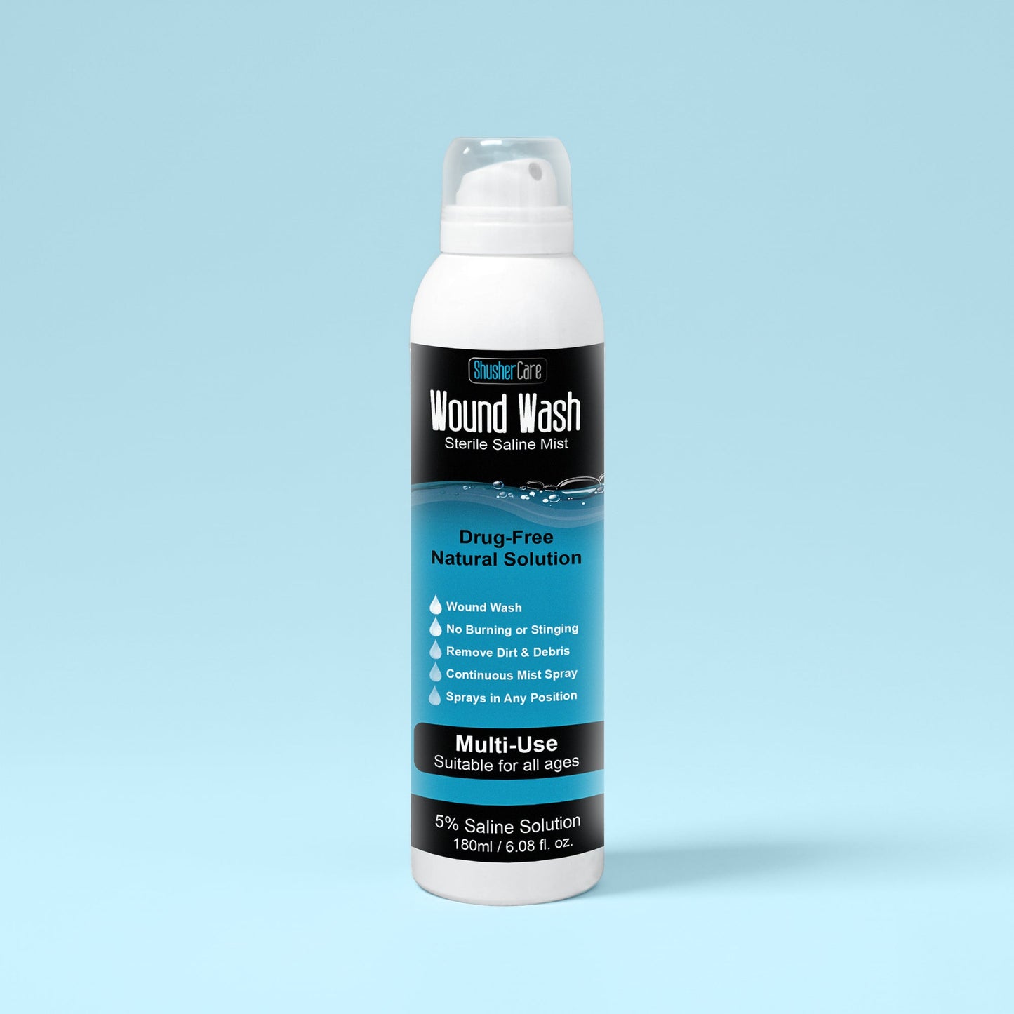 Shusher Care Wound Wash Spray – Sterile 5% Hypertonic Saline for Cuts, Scrapes & Wound Irrigation